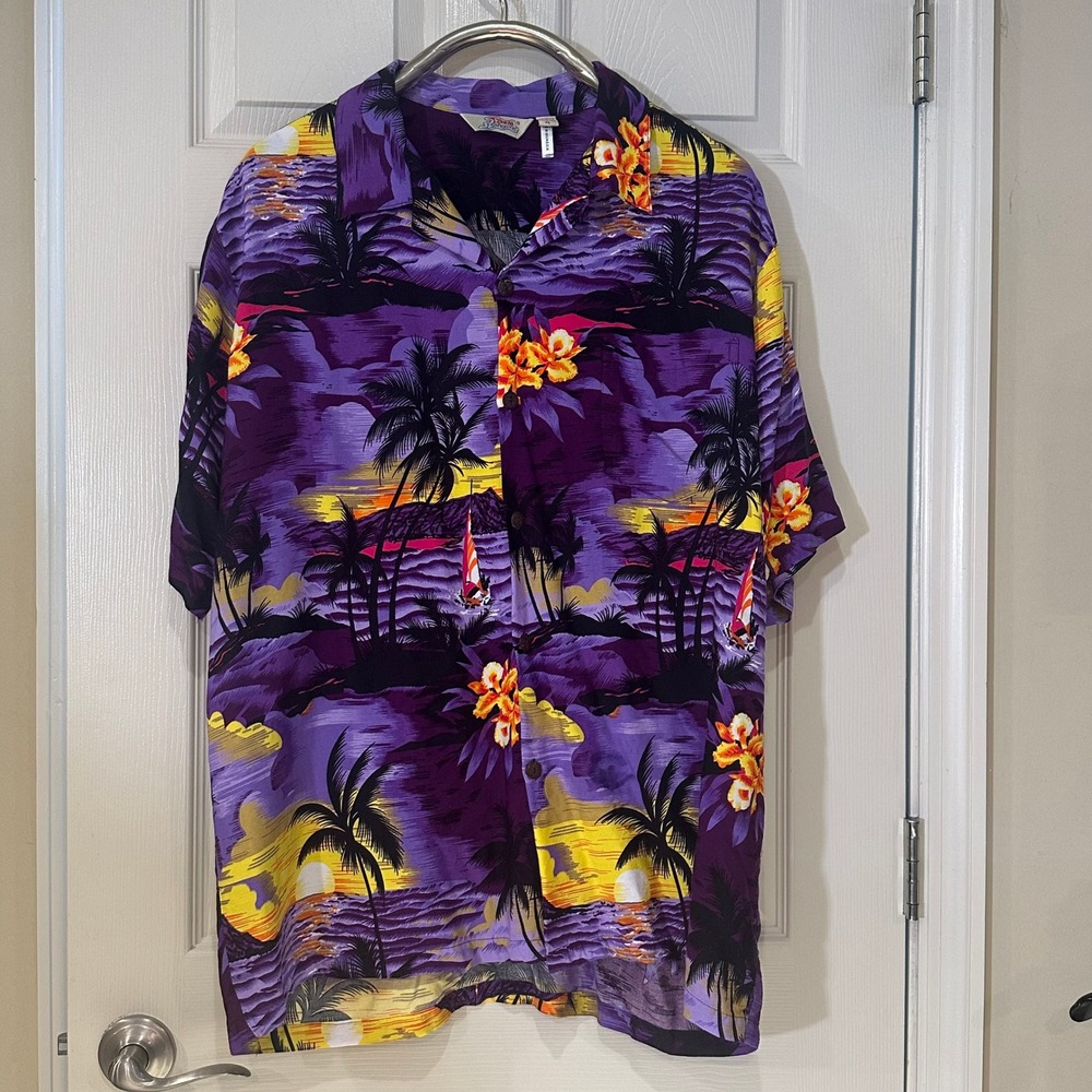 Hawaii Hangover Mens XL Purple Tropical Sunset Palm Tree Rayon Aloha Shirt